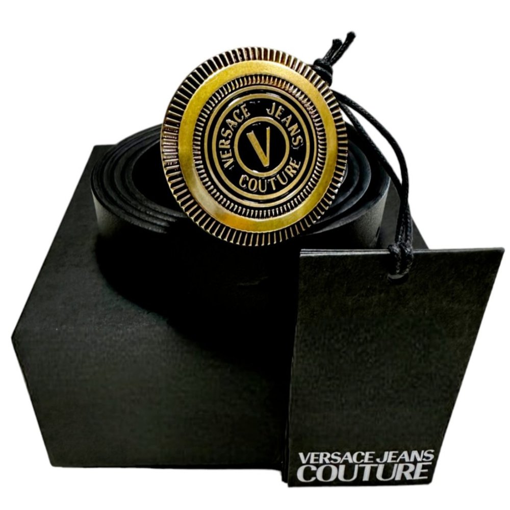 New Versace Jeans Couture Black V-Emblem Calfskin Black Belt Size US-42 105-CM - Picture 1 of 8
